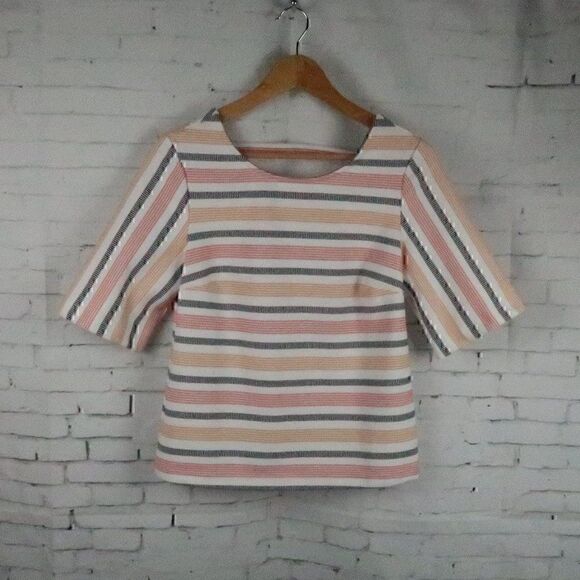 POMAGE CLOTHING WHITE WITH BLACK & ORANGE STRIPES 1/2 SLEEVE ROUND NECK TOP - Picture 1 of 8